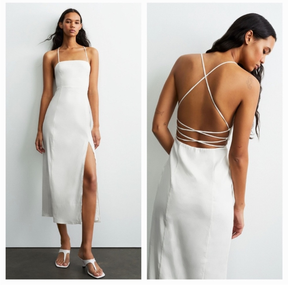 Zara Linen Blend Oyster White Dress XS  Out with Straps NWT